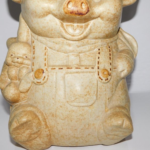 Vintage 60sTreasure Craft 12" Ceramic Farmer Pig Cookie Jar Tan Brown - Picture 4 of 14